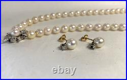 Vintage Set 14k White Gold 7.3mm Pearl & Diamond Necklace w Matching Earrings