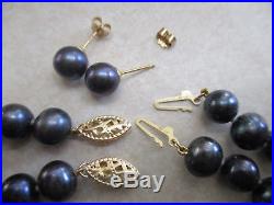 Vintage Set Iwi 14k Gold Black Cultured Pearl Necklace Bracelet Stud Earrings