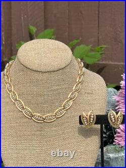 Vintage Signed Crown Trifari Faux Seed Pearl Gold Tone Necklace & Earrings SET