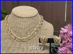 Vintage Signed Crown Trifari Faux Seed Pearl Gold Tone Necklace & Earrings SET