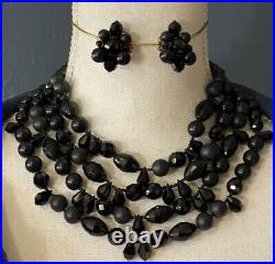 Vintage Signed DeMario 4 Strand Black Bead Necklace & Earring Set De Mario