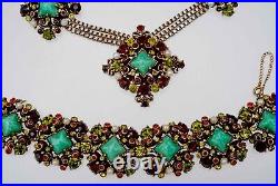 Vintage Signed Hollycraft Green Garnet Red Bracelet With Pearls Set