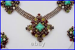 Vintage Signed Hollycraft Green Garnet Red Bracelet With Pearls Set