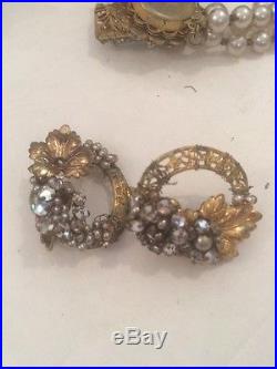 Vintage Signed Miriam haskell bracelet Earring Set Grey Pearls Gold Lace