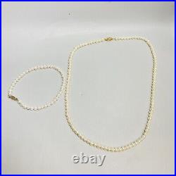 Vintage Signed RII 14k Yellow Gold Pearl Beaded Strand Necklace and Bracelet Set