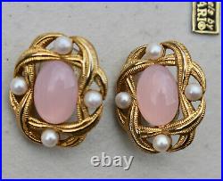 Vintage Signed Trifari Gold Tone Faux Pearl Rhineston Pink Earrings Necklace Set