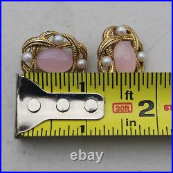 Vintage Signed Trifari Gold Tone Faux Pearl Rhineston Pink Earrings Necklace Set