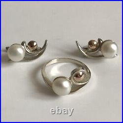 Vintage Silver jewelry set Earrings & Ring 925 & 9K Gold Pearl