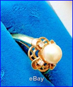 Vintage Solid 14K YG Floral Setting Ring with 8mm Round Pearl &4-1mm Diamonds Sz7