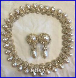 Vintage St John Couture Crystal And Pearl Necklace And Earrings Set