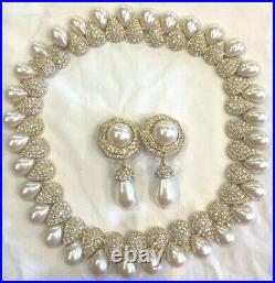 Vintage St John Couture Crystal And Pearl Necklace And Earrings Set