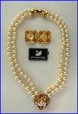 Vintage Swarovski Crystal Faux Pearl Necklace Earring Set