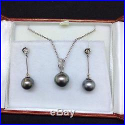 Vintage Tahitian Black Pearl 14K Solid White Gold Diamond Necklace Earring Set