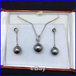 Vintage Tahitian Black Pearl 14K Solid White Gold Diamond Necklace Earring Set