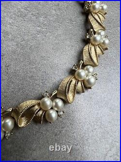 Vintage Trifari Gold-Brushed Ribbon Necklace & Earrings SetPearls & Rhinestones