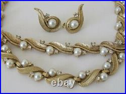 Vintage Trifari Gold-Tone Pearl & Rhinestone Set, Necklace Bracelet & Earrings