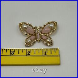 Vintage Trifari Pink Cabochon Faux Pearl Gold Tone Butterfly Brooch Earring Set