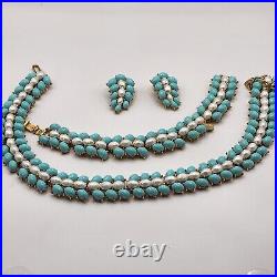 Vintage Trifari Set Parure Faux Pearl Blue Beaded Necklace Bracelet Earring READ