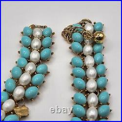 Vintage Trifari Set Parure Faux Pearl Blue Beaded Necklace Bracelet Earring READ