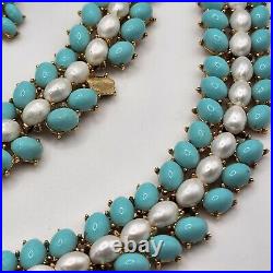 Vintage Trifari Set Parure Faux Pearl Blue Beaded Necklace Bracelet Earring READ