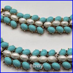 Vintage Trifari Set Parure Faux Pearl Blue Beaded Necklace Bracelet Earring READ