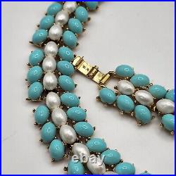 Vintage Trifari Set Parure Faux Pearl Blue Beaded Necklace Bracelet Earring READ