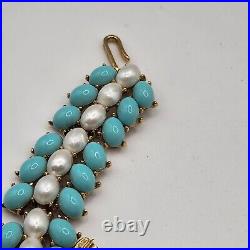 Vintage Trifari Set Parure Faux Pearl Blue Beaded Necklace Bracelet Earring READ