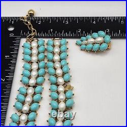 Vintage Trifari Set Parure Faux Pearl Blue Beaded Necklace Bracelet Earring READ