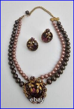 Vintage Two Strand Faux Purple/lavender Pearl With Purple Rhinestone Withclip ons