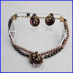 Vintage Two Strand Faux Purple/lavender Pearl With Purple Rhinestone Withclip ons