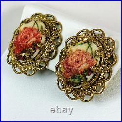 Vintage WEST GERMANY Filigree Pink Rose Faux Pearl Necklace & Earrings Set