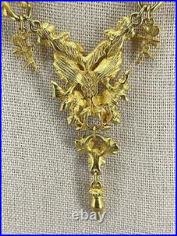 Vintage angel cherub statement necklace earring set flower motif gold tone 28