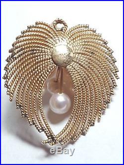 Vintage c. 1950 14k Yellow Gold Pearl Pendant and Clip on Earring Set