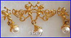 Vintage signed J S Cherub brooch earrings set putti matte gold faux pearl