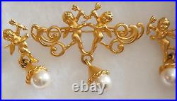 Vintage signed J S Cherub brooch earrings set putti matte gold faux pearl