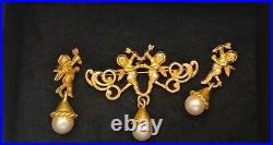 Vintage signed J S Cherub brooch earrings set putti matte gold faux pearl