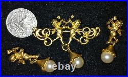 Vintage signed J S Cherub brooch earrings set putti matte gold faux pearl