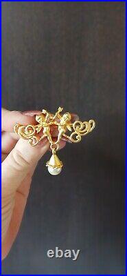 Vintage signed J S Cherub brooch earrings set putti matte gold faux pearl