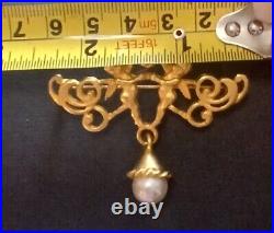 Vintage signed J S Cherub brooch earrings set putti matte gold faux pearl