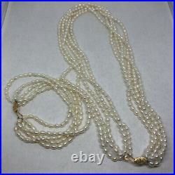 Vintage solid 14k gold clasp genuine pearls jewelry set necklace bracelet