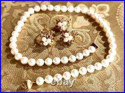 Vnt Set Beautiful Pearl Necklace With 14k Gold Clasp, Gold Earrings And Ring. Ex