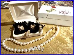 Vnt Set Beautiful Pearl Necklace With 14k Gold Clasp, Gold Earrings And Ring. Ex