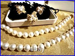 Vnt Set Beautiful Pearl Necklace With 14k Gold Clasp, Gold Earrings And Ring. Ex