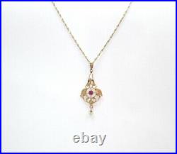 Vntg Real 14K Yellow Gold Pendant with Ruby on Twisted Helix Chain Set Necklace