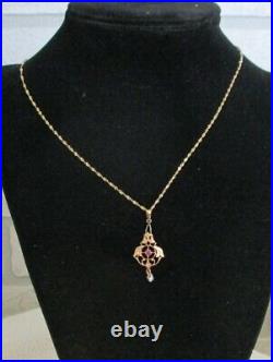 Vntg Real 14K Yellow Gold Pendant with Ruby on Twisted Helix Chain Set Necklace