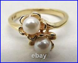 Vtg 10K Gold Cultured Pearl Ring Sz 4 Double Pearl Flower Floral Setting Dainty