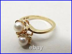 Vtg 10K Gold Cultured Pearl Ring Sz 4 Double Pearl Flower Floral Setting Dainty