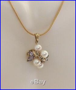 Vtg 10k Gold Pearl Tanzanite Necklace Earring Set+14k Gold Chain Italy 10.8g