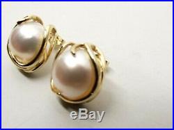 Vtg 14K Gold Mabe Blister Pearl Earrings Stud Estate Large 12.65mm Ornate Set