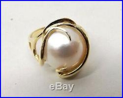 Vtg 14K Gold Mabe Pearl Ring Sz 6.5 Ornate Wire Setting Scroll Large Blister